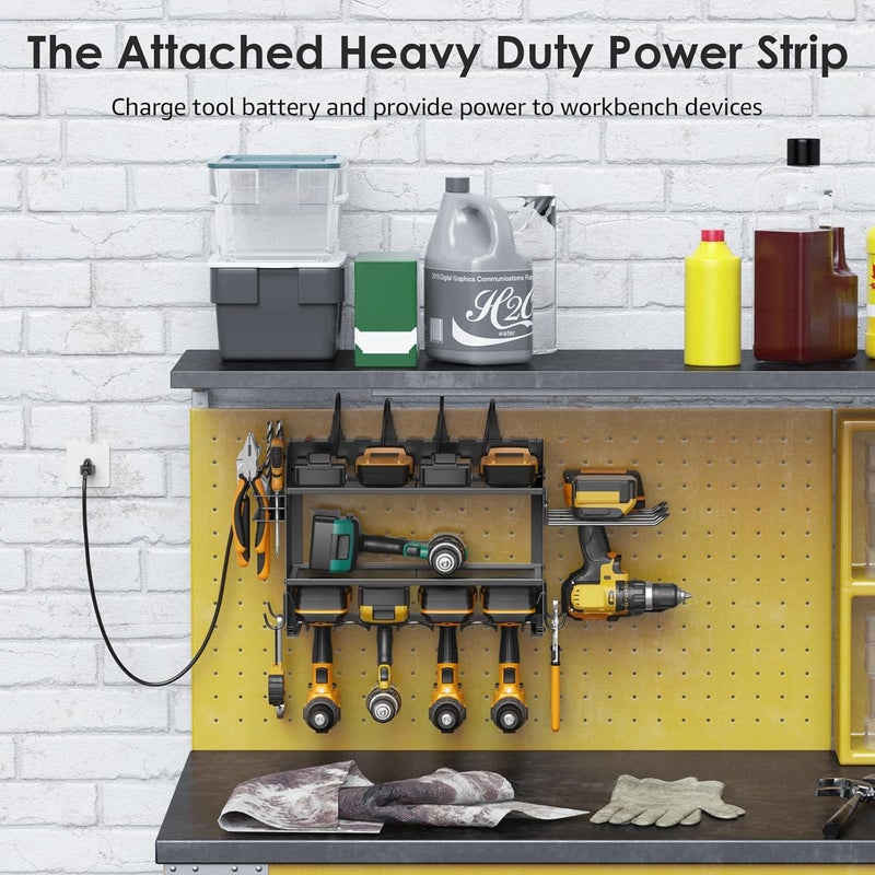 CCCEI Modular Power Tool Organizer Wall Mount Charging Station, Black 6 Drills Holder with 8 Plug Power Strip, Garage Drill Battery Heavy Duty Metal Shelf, Utility Rack with Hooks, Side Storage. - Image 3